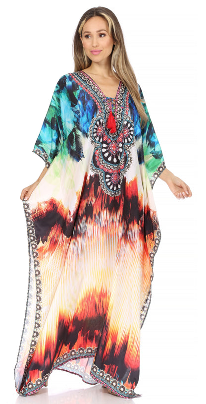 Sakkas Georgettina Flowy Rhinestone V Neck Long Caftan Dress/Cover Up