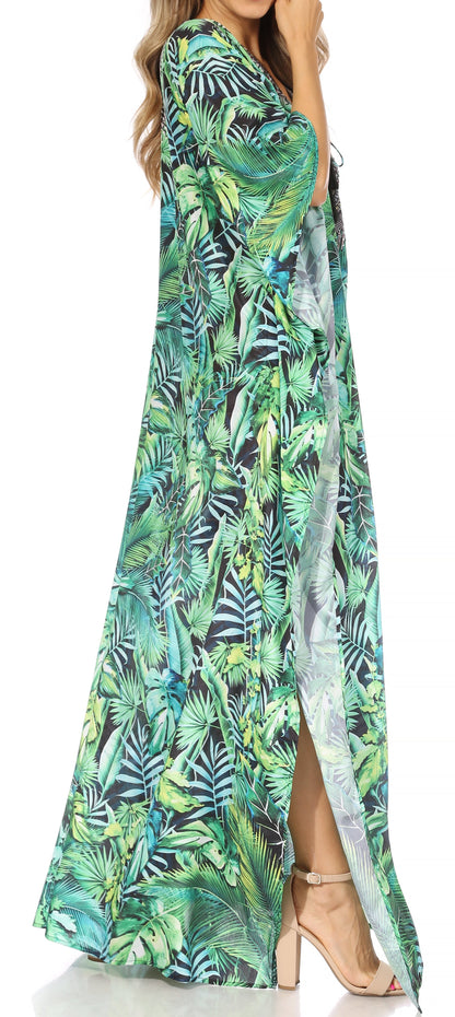 Sakkas Georgettina Flowy Rhinestone V Neck Long Caftan Dress/Cover Up