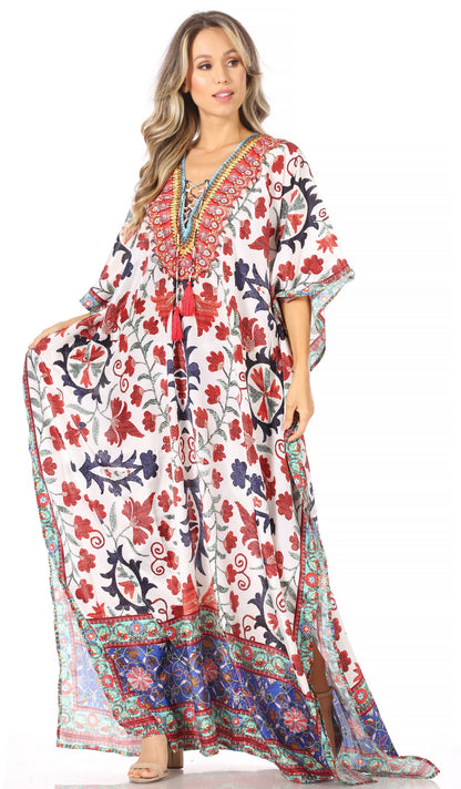 Sakkas Georgettina Flowy Rhinestone V Neck Long Caftan Dress/Cover Up