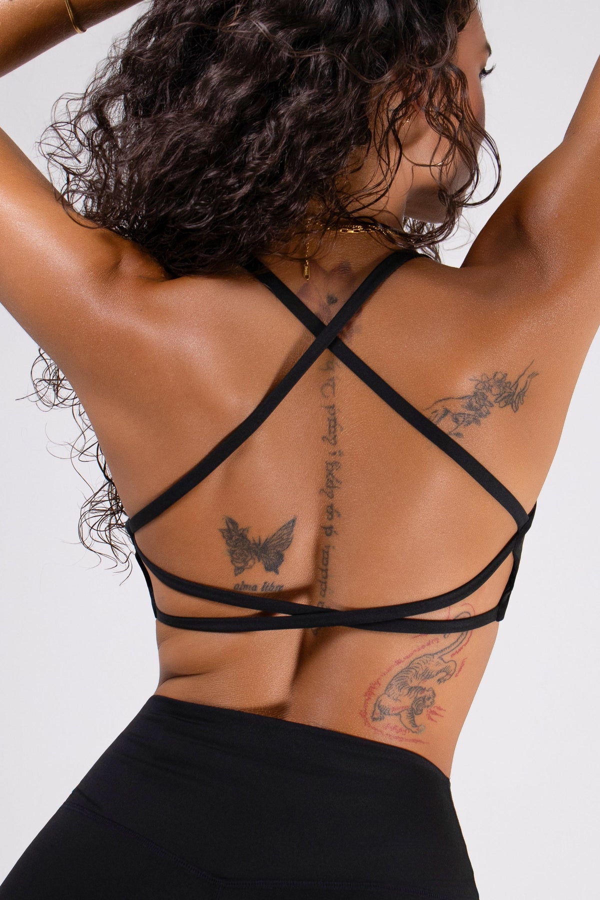 Women's Strappy Open-Back Sports Bra - Black | Scoop Neckline Medium Support - FlexHer