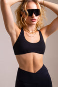 Women's Strappy Open-Back Sports Bra - Black | Scoop Neckline Medium Support - FlexHer